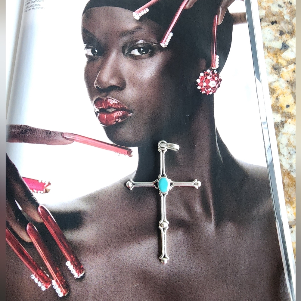 Taxco Silver Cross Necklace with Turquoise Center Stone - Picture 4 of 13